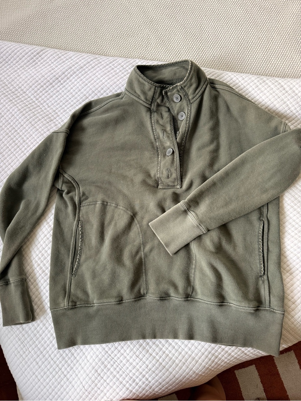 Womens Olive Green Button-Neck Pullover Sweatshirt